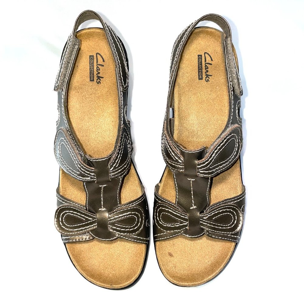 NWOT Clarks Collection Wedge Sandals Metallic Bronze Hook/Loop Backstrap US 10 - Picture 3 of 9